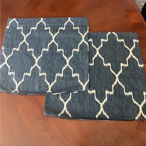 Two (2) custom made blue and tan pattern pillow covers 19” x 19”